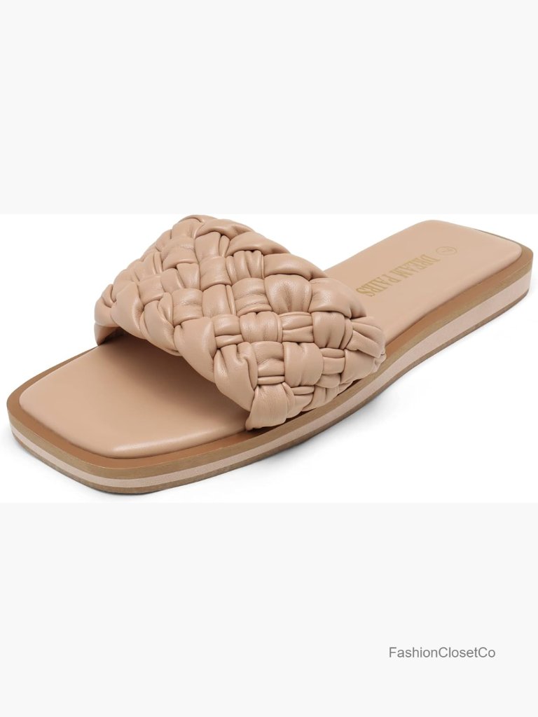 Square Open Toe Braided Slide Sandals With Memory Foam Insole